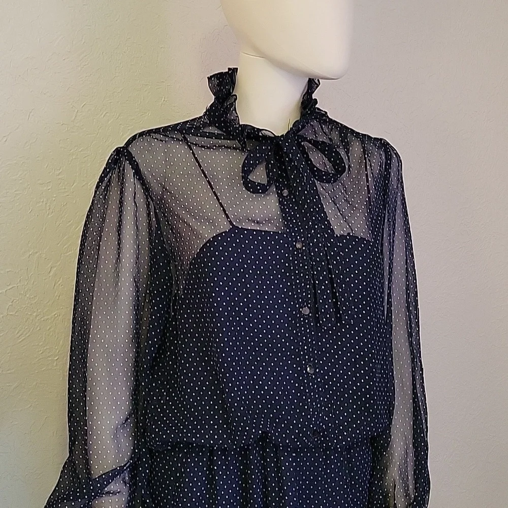 VTG AJ BARI Navy Pin Dot Chiffon Blouson Ruffle Bow Tie Castlecore Shirt Dress - Picture 4 of 10